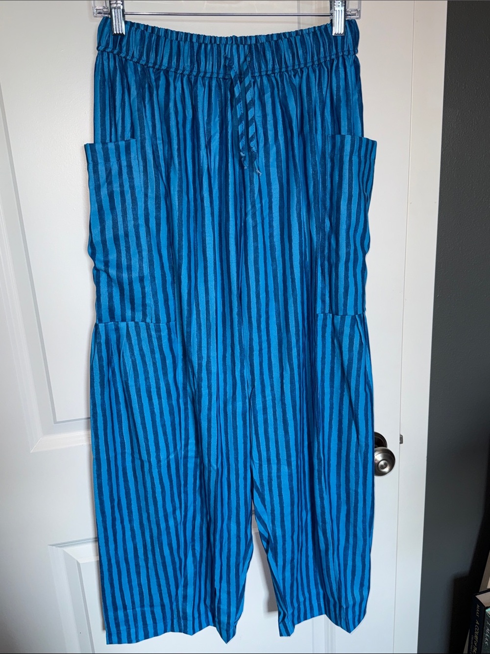Blue Striped Wide-Leg Drawstring Pants